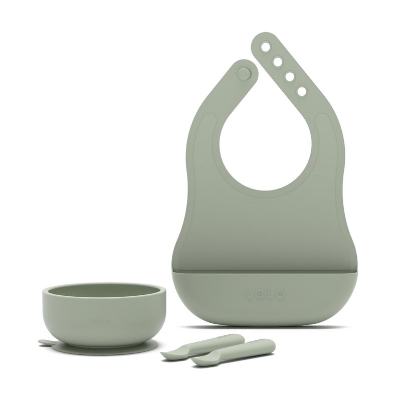 Lalo First Bites Starting Solids Silicone Baby Feeding Set with Suction Bowl, 2 Spoons and 1 Bib - 4-Piece Baby-Led Weaning Supplies - Non-Toxic Silicone Infant Tableware - Sage - Image 1