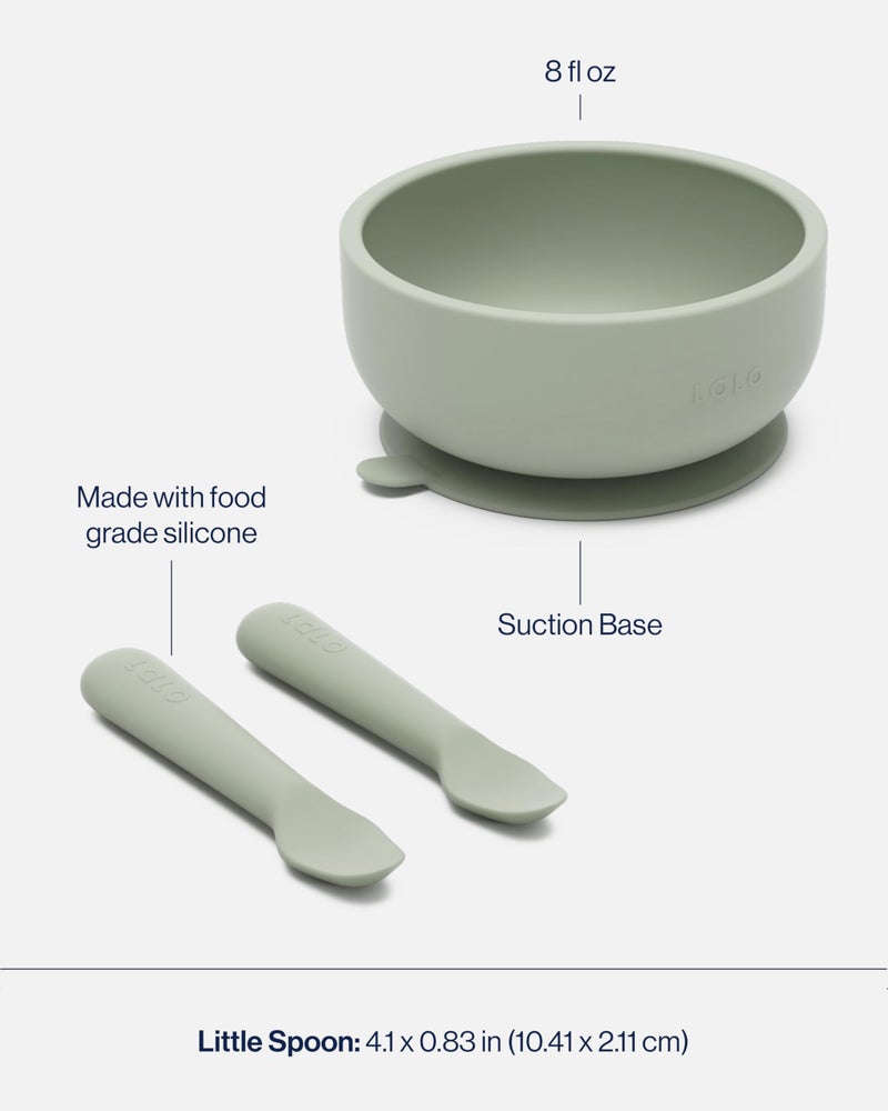Lalo First Bites Starting Solids Silicone Baby Feeding Set with Suction Bowl, 2 Spoons and 1 Bib - 4-Piece Baby-Led Weaning Supplies - Non-Toxic Silicone Infant Tableware - Sage - Image 4