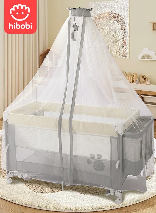 hibobi 5‑in‑1 Baby Bedside Crib with Mosquito Net, Lightweight & Portable Baby Travel Bed with Adjustable Height, Silent Wheels, Breathable Mesh, Convertible Bassinet for Newborns and Toddlers