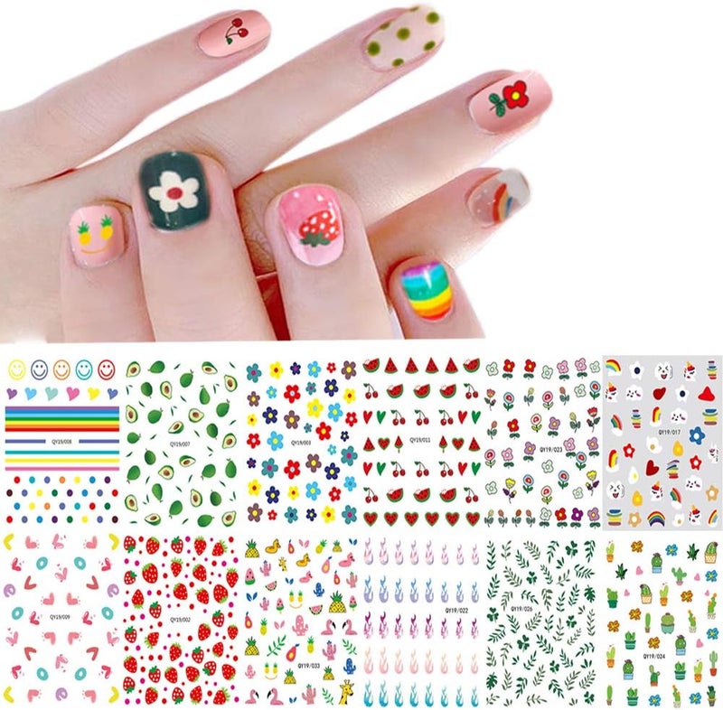 IHUKEIT Nail Stickers for Women and Little Girls - 12 Sheets 3D Self-Adhesive DIY Nail Art Decoration Set Including Flowers Leaves Animals Plants Fruits Nail Decals for Woman Kids Girls - Image 1