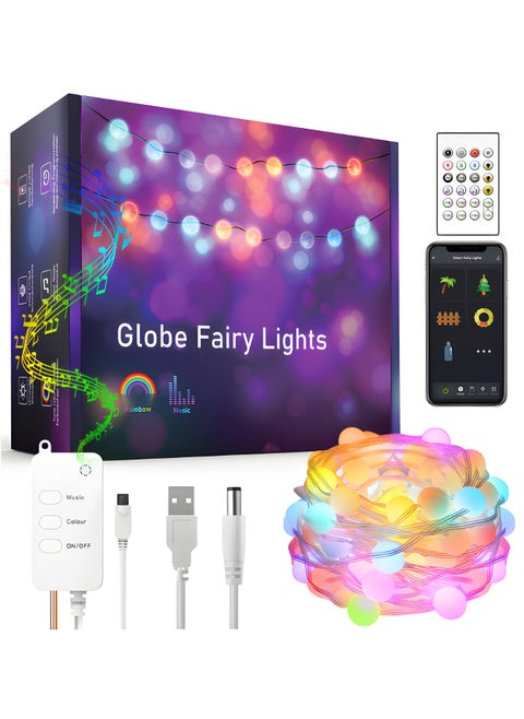 10M 66LED Globe Fairy Lights - Colorful Copper Wire Fairy String Lights - 16 Single Colors, 4 Music Modes, 2 APP DIY Modes, Bluetooth, USB Powered, Remote Control for Wedding Party Home Decoration