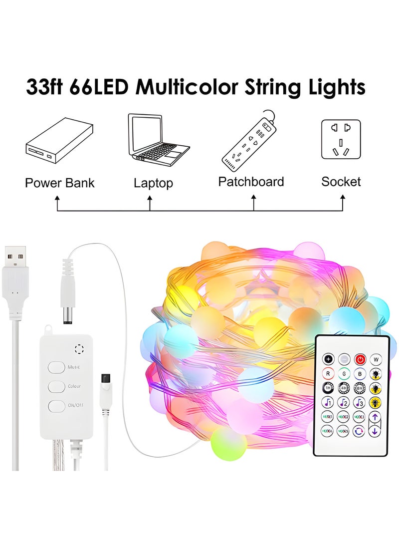 10M 66LED Globe Fairy Lights - Colorful Copper Wire Fairy String Lights - 16 Single Colors, 4 Music Modes, 2 APP DIY Modes, Bluetooth, USB Powered, Remote Control for Wedding Party Home Decoration
