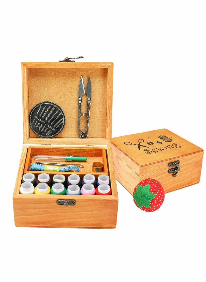 Y&D Sewing Kit Box, Wooden Home Repair Tool Kit, Basket Stitching with Needle, Scissors and Thread Accessories - Image 1