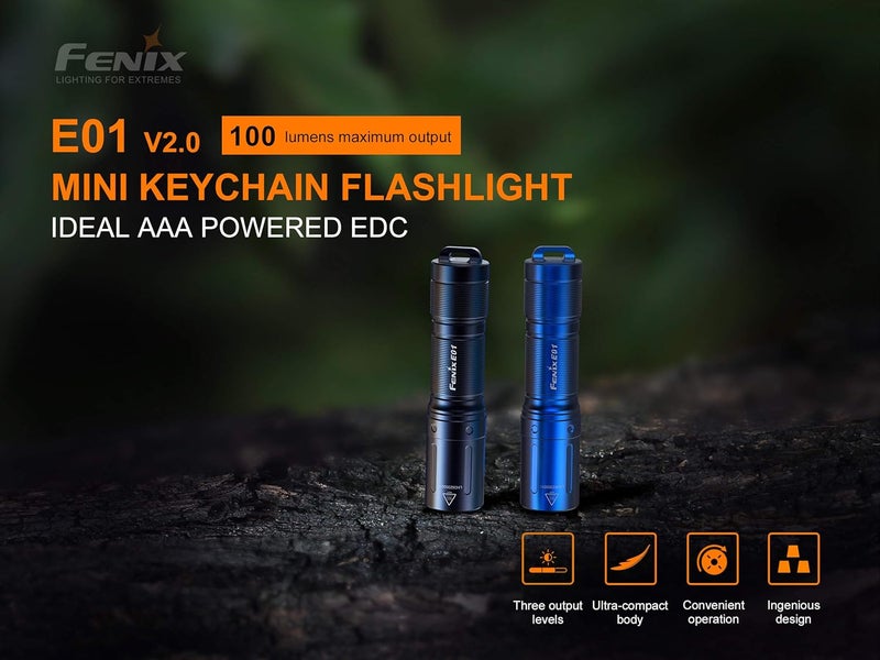 Fenix E01 V2.0 Blue Mini Keychain Torch - 100 Lumens, 35m Range, 25 Hours Max Runtime, AAA Battery Powered, IP68 Waterproof - Image 2
