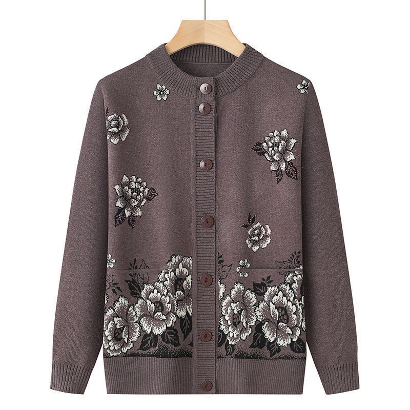 Middle-aged and elderly womens mothers clothing autumn and autumn sweater grandmas autumn and winter cardigan elderly clothes sweater coat round neck loose-fit Dark green - Image 2