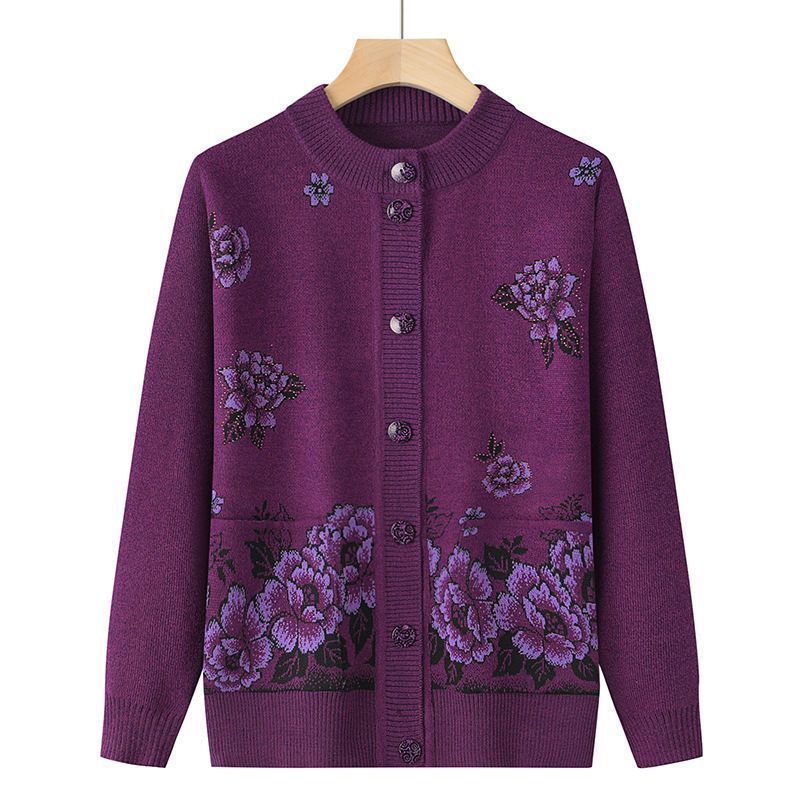 Middle-aged and elderly womens mothers clothing autumn and autumn sweater grandmas autumn and winter cardigan elderly clothes sweater coat round neck loose-fit Dark green - Image 3