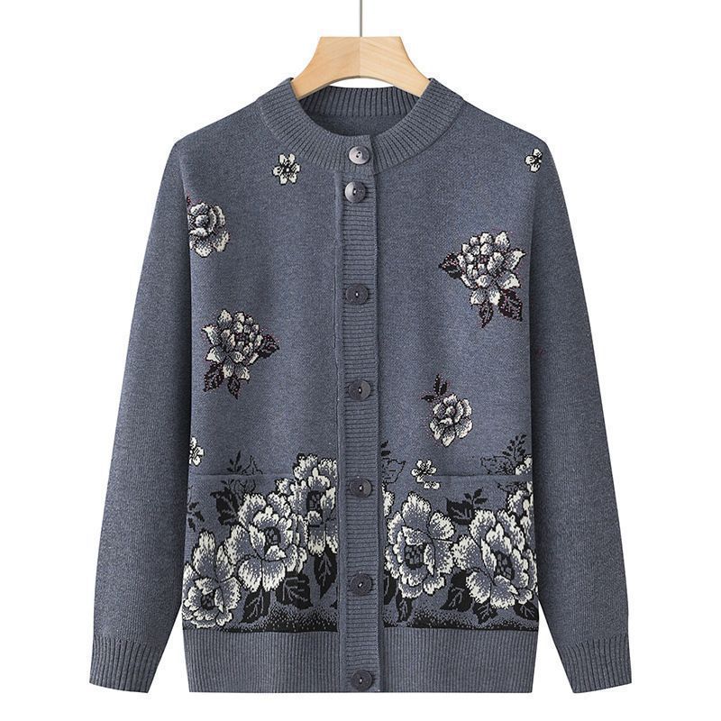 Middle-aged and elderly womens mothers clothing autumn and autumn sweater grandmas autumn and winter cardigan elderly clothes sweater coat round neck loose-fit Dark green - Image 5