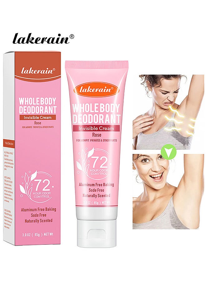 lakerain Whole Body Deodorant Invisible Cream, Tube Armpit Deodorant Cream For 72 Hour Odor Control Rose Deodorant Antiperspirant Clear Gel Baking Soda Free Natural Skin Care Cream 85G  - Image 1
