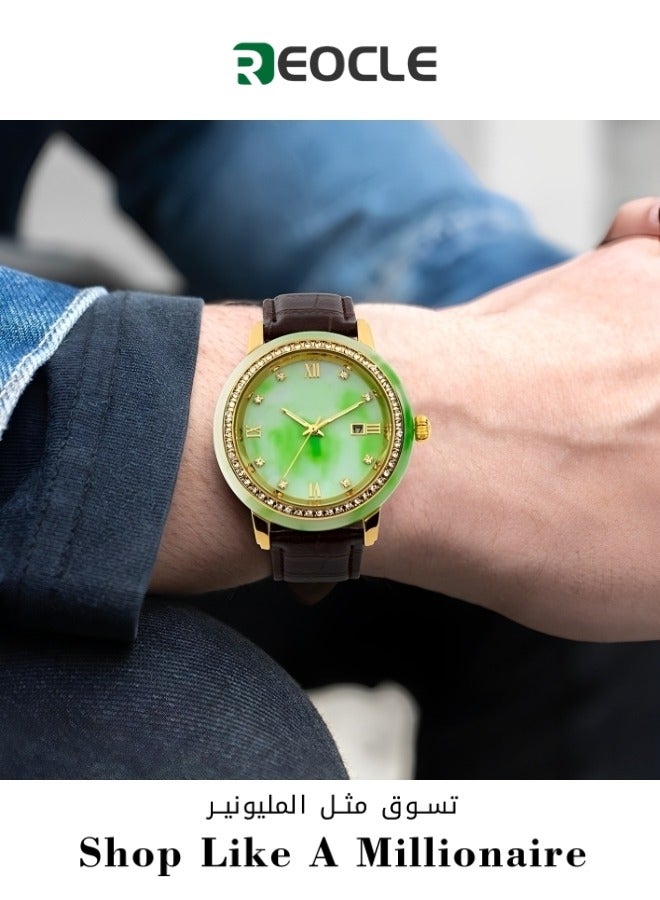 REOCLE Leather Strap Watch Quartz Watch with Jade Dial & Calendar Display & Daily Waterproofing Luxury Dress Wrist Watch for Women Men  - Image 1