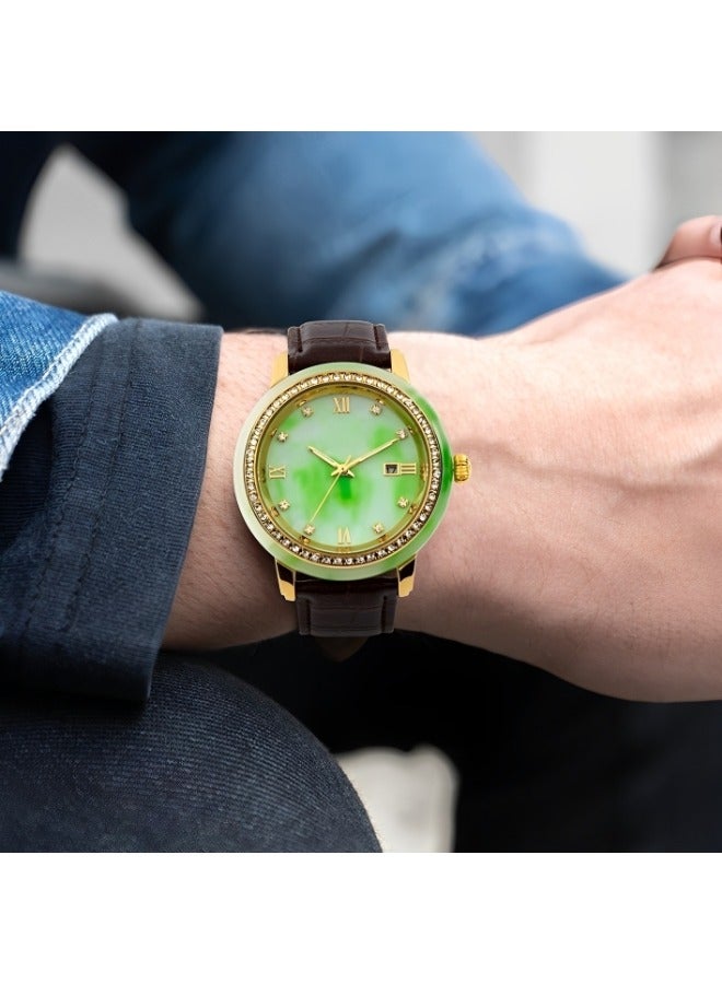 REOCLE Leather Strap Watch Quartz Watch with Jade Dial & Calendar Display & Daily Waterproofing Luxury Dress Wrist Watch for Women Men  - Image 2