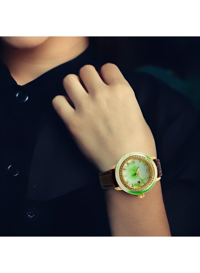 REOCLE Leather Strap Watch Quartz Watch with Jade Dial & Calendar Display & Daily Waterproofing Luxury Dress Wrist Watch for Women Men  - Image 3