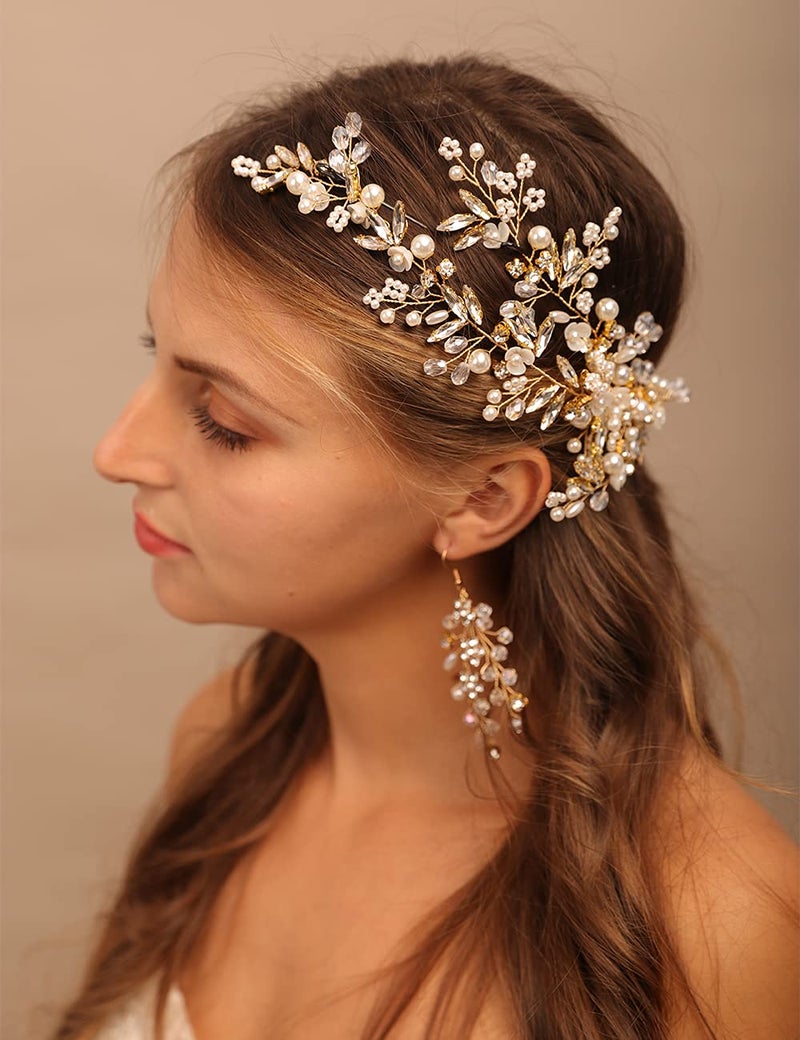 YERTTER Gold Wedding Comb Clip Earring Set Floral Rhinestone Bridal Comb Barrette Crystal Earring Set Handmade Flower Clip Head Pieces for Women