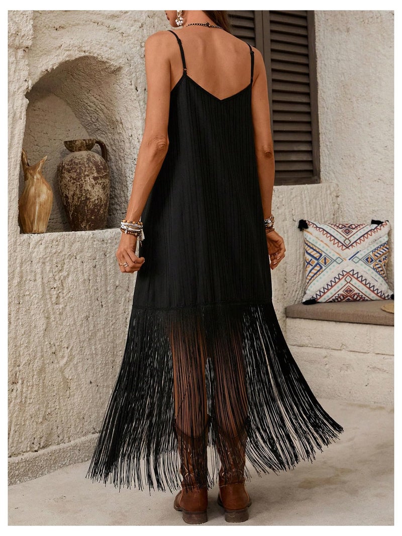 Verdusa Women's Western Fringe Dress Vintage Deep V Neck Maxi Cowgirl Dresses Black Large - Image 3