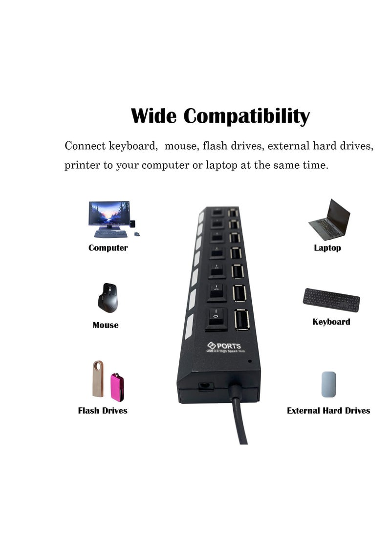 غنافوتو - موزع موزع USB متعدد المنافذ، موزع USB 2.0 متعدد المنافذ، موزع USB 2.0 ذو 7 منافذ للكمبيوتر المحمول، موسع منافذ USB مع مفتاح تشغيل/إيقاف فردي متوافق مع جميع أجهزة USB - Image 1
