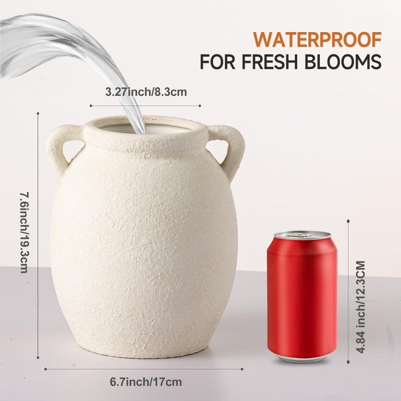 Dobbyby Ceramic Flower Vase 7.6 inch Farmhouse Rustic Vase Decorative Pottery Terracotta Vases for Home Decor Table Mantle Fireplace Living Room Bathroom Wedding Centerpiece (White-Upgraded) - Image 4