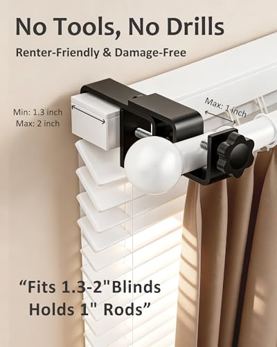 Mimiio No Drill Curtain Rod Brackets for Outside-Mount Blinds, Tool-Free Over-Blind Curtain Rod Holders, Fits 1-2" Rectangular Headrails, No Wall Damage, Renter Friendly Window Hardware, 3 Pack, Black - Image 2