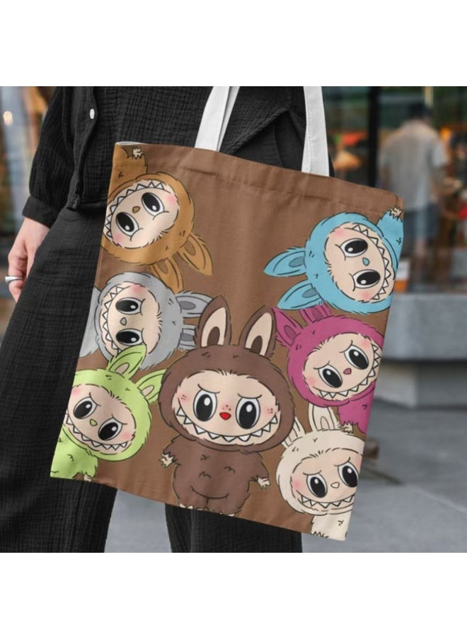 LABUBU Cartoon LABUBU pattern canvas tote bag, student tote bag, reusable beautiful eco-friendly bag, book shopping groceries cotton cute tote bag  - Image 1