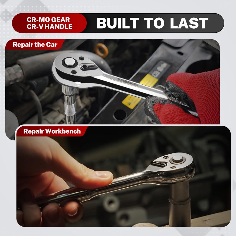 Tommars 3/8 Inch Drive Ratchet 72-Tooth Quick-Release Socket Ratchet Wrench Handle Reversible - Image 2