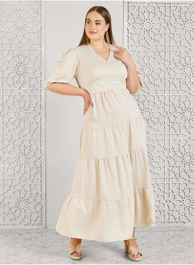 Styli - Plus Satin Button Detail Tiered Maxi Dress - Image 1