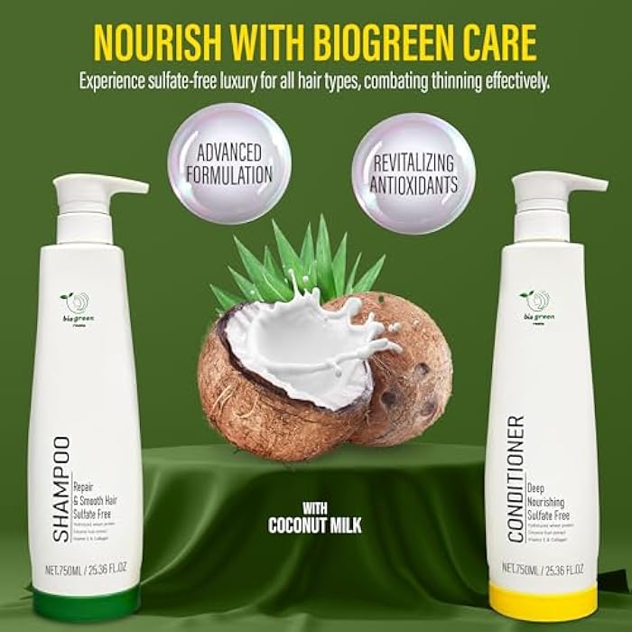 BIOGREEN ROOTS Shampoo & Conditioner - Sulfate-Free Hair Care with Hydrolyzed Wheat Protein, Coconut Fruit Extract, Vitamin E & Collagen - Deep Nourishing Duo for All Hair Types -(2 bottles x 750 ml) - Image 4