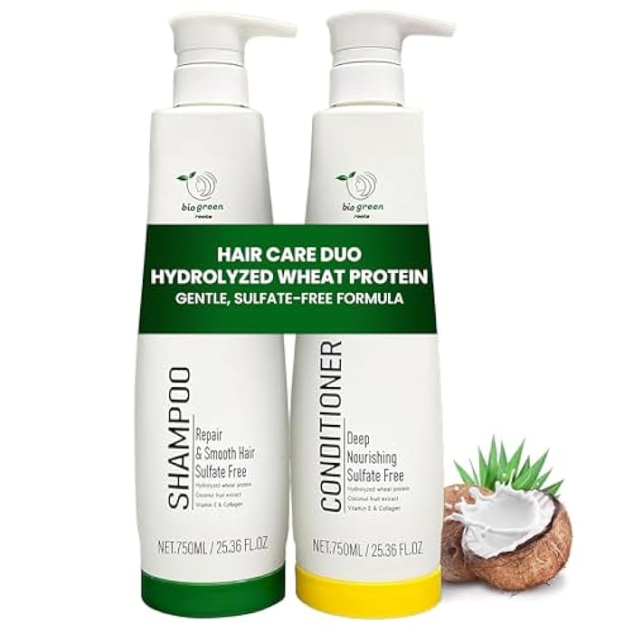 BIOGREEN ROOTS Shampoo & Conditioner - Sulfate-Free Hair Care with Hydrolyzed Wheat Protein, Coconut Fruit Extract, Vitamin E & Collagen - Deep Nourishing Duo for All Hair Types -(2 bottles x 750 ml) - Image 1