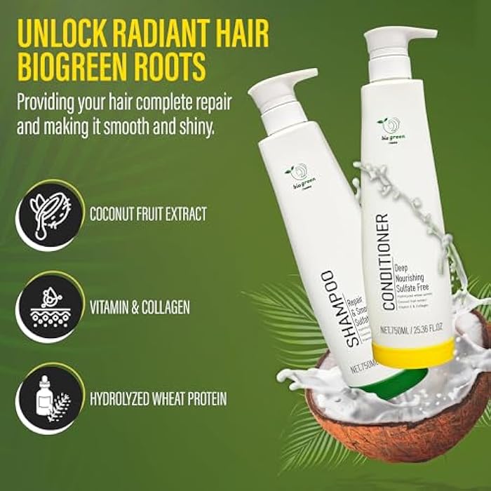 BIOGREEN ROOTS Shampoo & Conditioner - Sulfate-Free Hair Care with Hydrolyzed Wheat Protein, Coconut Fruit Extract, Vitamin E & Collagen - Deep Nourishing Duo for All Hair Types -(2 bottles x 750 ml) - Image 2