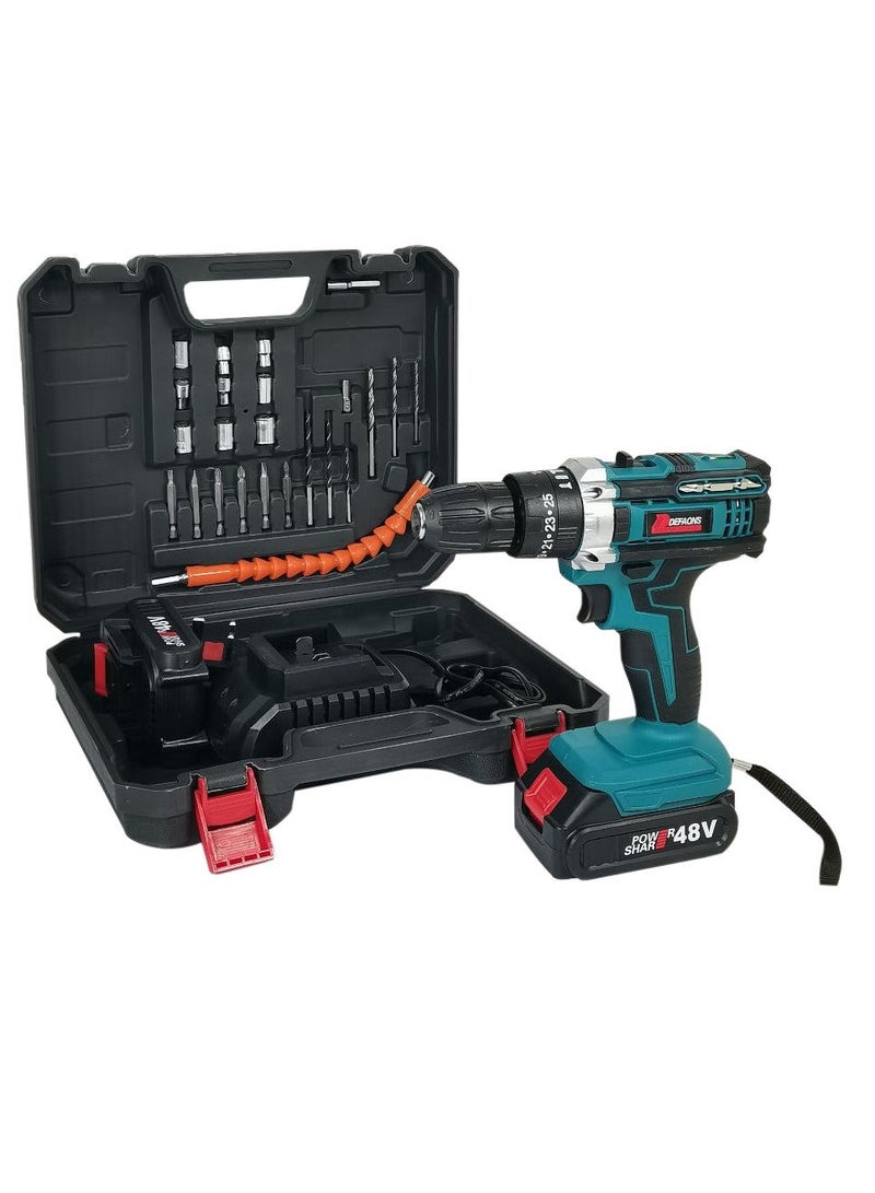 DEFAONS 48V Cordless Drill Machine ID331D 700W Power Tool with 10mm Chuck, 32Nm Torque, Dual Speed 0-450/1650RPM, Li-ion Battery, Screwdriver Drill Set for Wood Metal Wall Concrete DIY Professional Home Tool Kit Set Case - Image 1