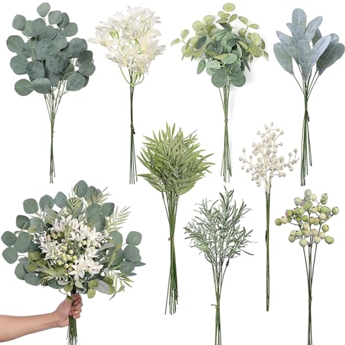 FOTEEWL 75 Pcs Artificial Greenery Stems Box Setwith 8 Kinds of Faux Plants and Fake Flowers for DIY Bridal Bouquets Wedding Floral Arrangement Table Centerpieces Decoration Sage Green