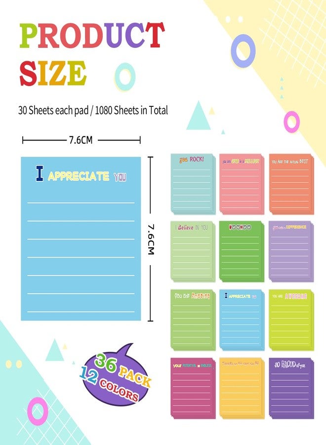 BHHQHH 36 Pcs Employee Appreciation Sticky Notes with Lines Cute Motivational Sticky Note Pads Inspirational Post Notes Gifts for Teacher Nurse Coworkers Office Supplies (3 x 3) - Image 2
