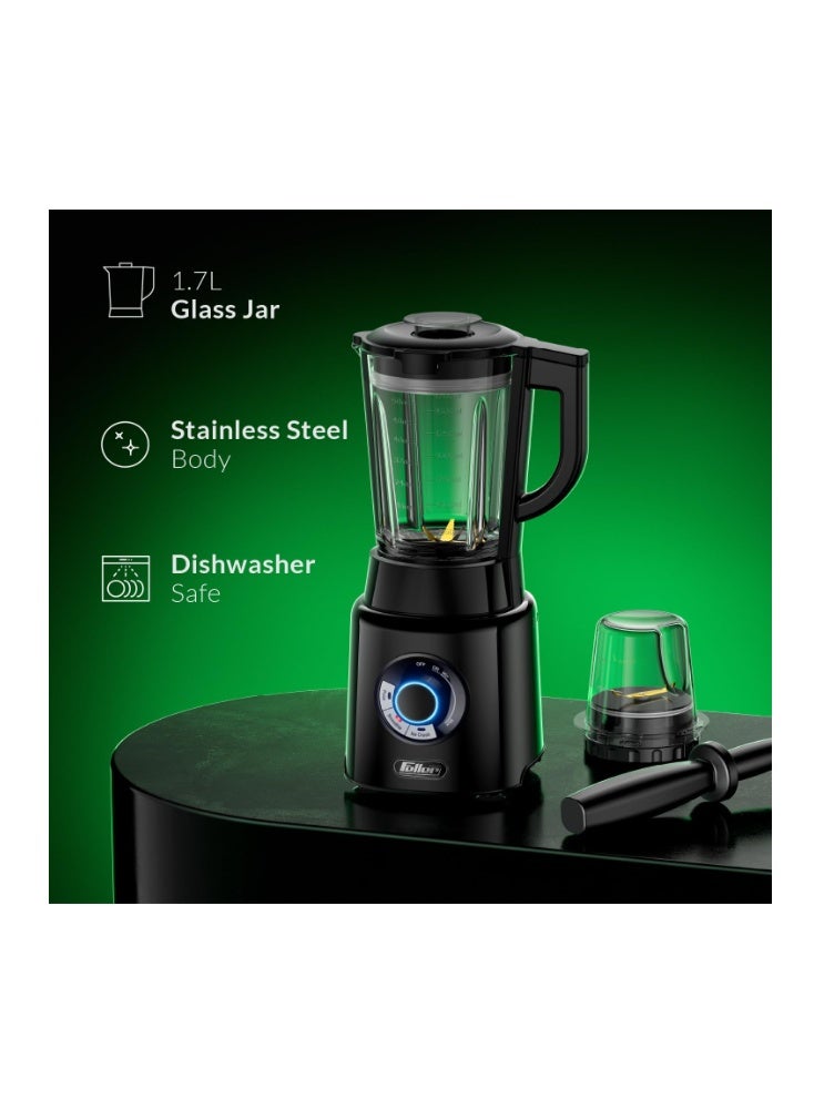 Feller Germany, 1200W Blender + Grinder Mill, 1.7L Glass Jar, Ice Crush/Smoothie/Pulse Modes, Variable Speed, 6-Fin Blade, Safety Lock, 2Y Guarantee BLG1200 UAE Stainless Steel - Image 4