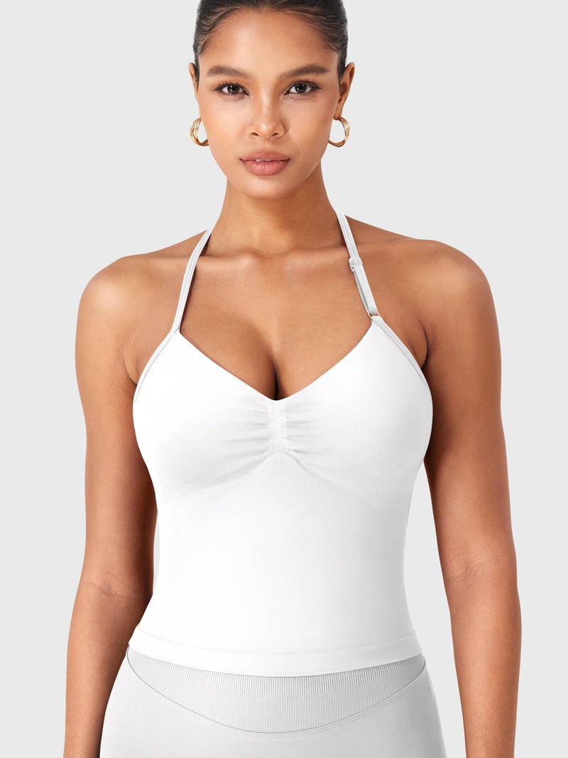 YEOREO SoftHue Impact Longline Strappy Top Women's Halter Workout Tank Tops Backless Gym Longline with Adjustable Strap White - Image 3