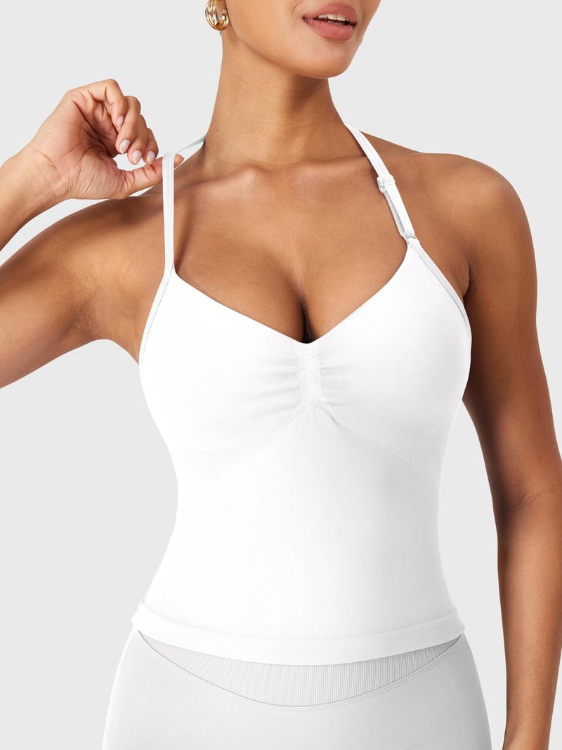 YEOREO SoftHue Impact Longline Strappy Top Women's Halter Workout Tank Tops Backless Gym Longline with Adjustable Strap White - Image 5