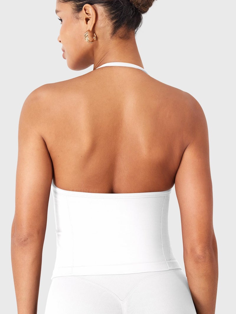 YEOREO SoftHue Impact Longline Strappy Top Women's Halter Workout Tank Tops Backless Gym Longline with Adjustable Strap White - Image 4