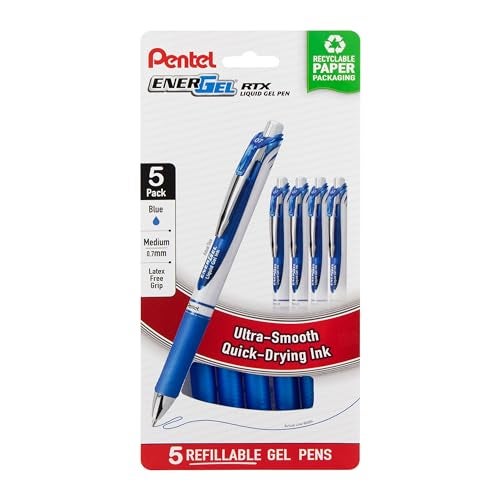 Pentel EnerGel RTX Retractable Liquid Gel Pen, (0.7mm) Metal Tip, Medium Line, Blue Ink, Plastic-Free Packaging, 5 Pack - Image 1