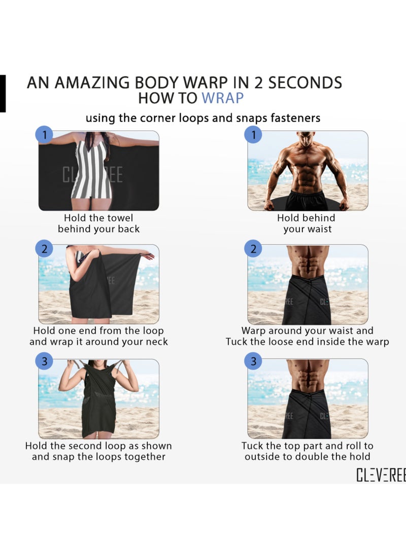 CLEVEREE Beach Towel and Gym Towel Pool Towel Swimming Towel for Men Women Microfiber towel Travel Towel fast-drying towel with carry bag Extra Large 150x90 cm and Gym Towel 50X25 - Black - Image 2