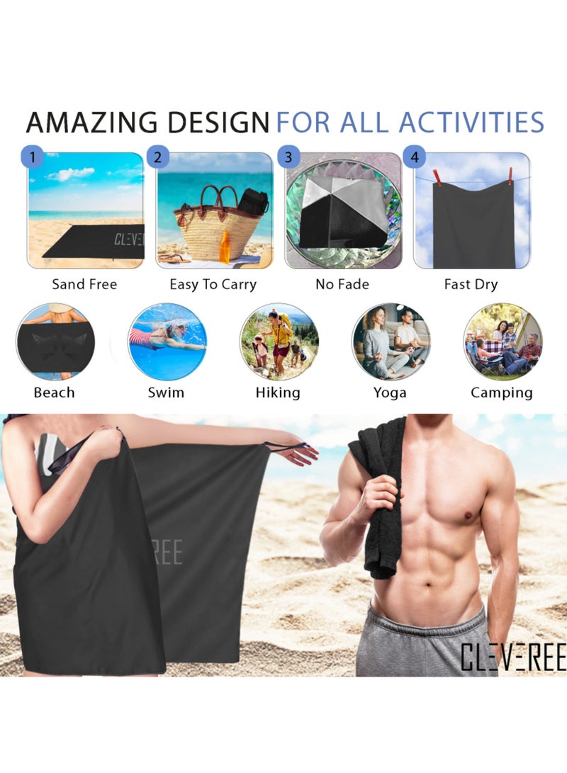 CLEVEREE Beach Towel and Gym Towel Pool Towel Swimming Towel for Men Women Microfiber towel Travel Towel fast-drying towel with carry bag Extra Large 150x90 cm and Gym Towel 50X25 - Black - Image 4