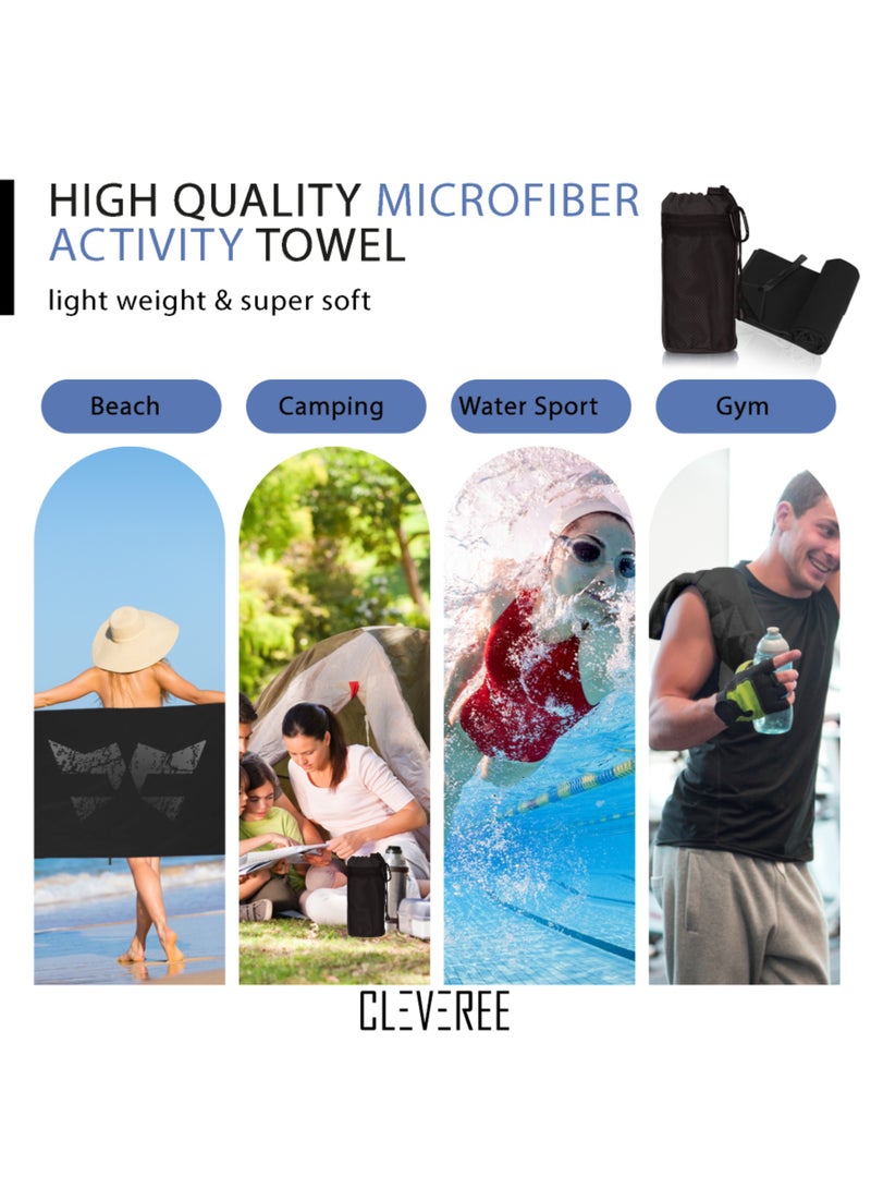 CLEVEREE Beach Towel and Gym Towel Pool Towel Swimming Towel for Men Women Microfiber towel Travel Towel fast-drying towel with carry bag Extra Large 150x90 cm and Gym Towel 50X25 - Black - Image 5
