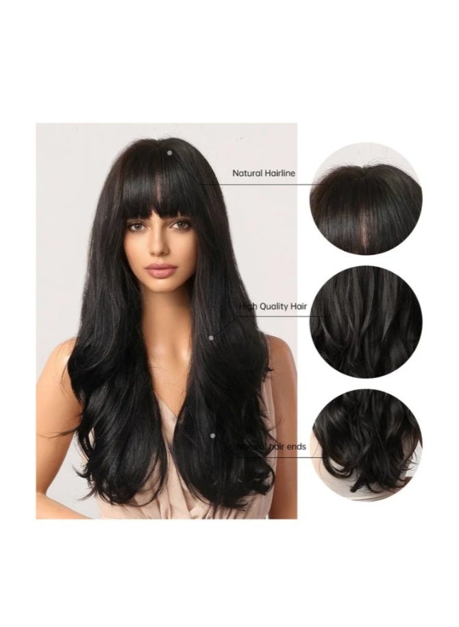 Long Wavy Wig with Bangs for Women Medium Length Curly Hair Ends Wig with Bangs for Women Synthetic Natural Heat Resistant Fiber Wig as Real Hair for Daily Wear, Party Costume, Cosplay 66CM（26inch) - Image 3