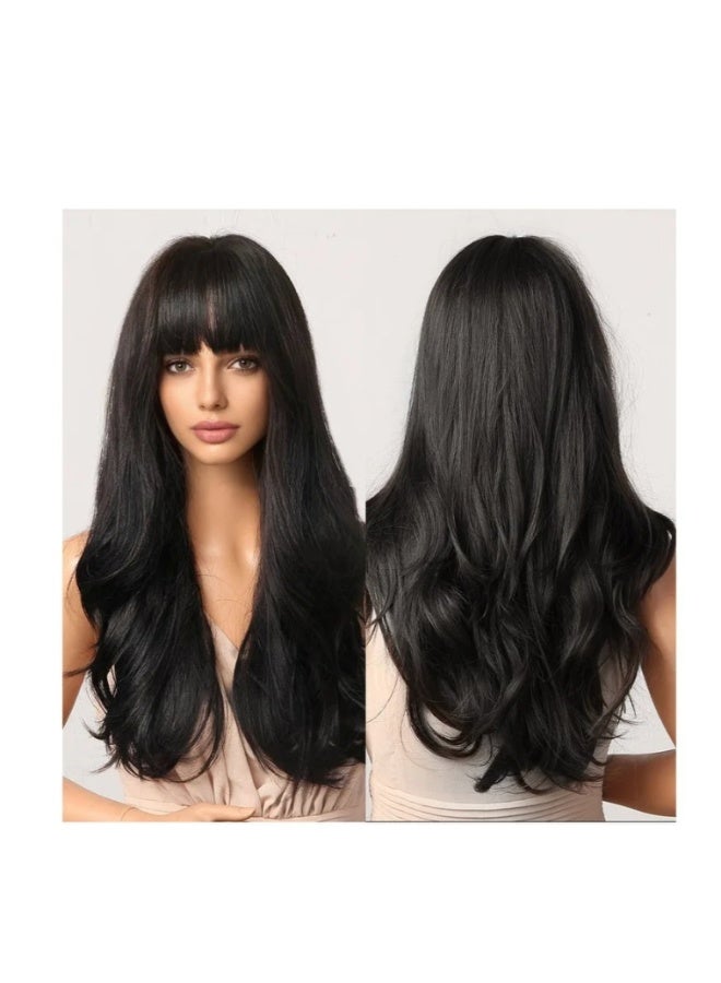 Long Wavy Wig with Bangs for Women Medium Length Curly Hair Ends Wig with Bangs for Women Synthetic Natural Heat Resistant Fiber Wig as Real Hair for Daily Wear, Party Costume, Cosplay 66CM（26inch) - Image 1