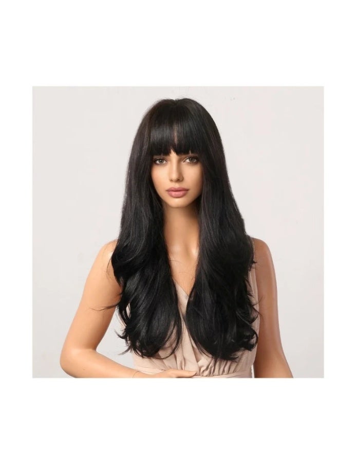 Long Wavy Wig with Bangs for Women Medium Length Curly Hair Ends Wig with Bangs for Women Synthetic Natural Heat Resistant Fiber Wig as Real Hair for Daily Wear, Party Costume, Cosplay 66CM（26inch) - Image 2