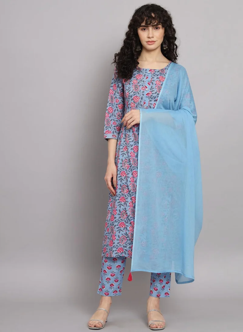 ZERESOUQ Blue Cotton Paisley Print 3-Piece Kurta Set