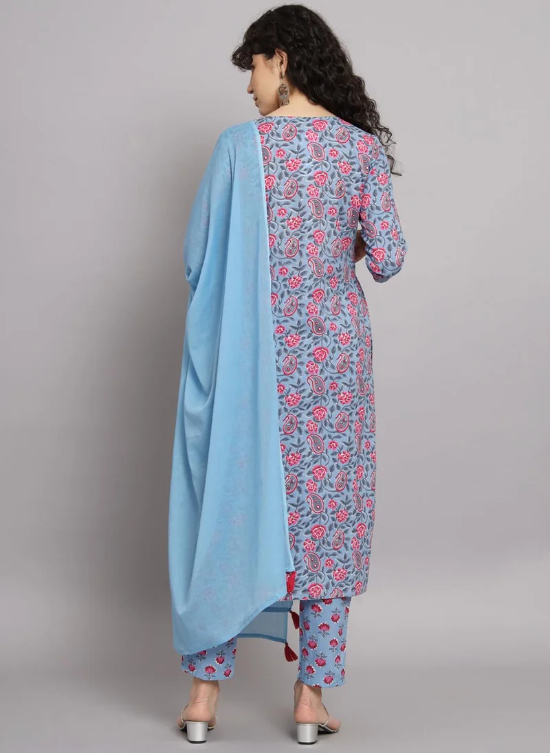 زيري سوق Blue Cotton Paisley Print 3-Piece Kurta Set