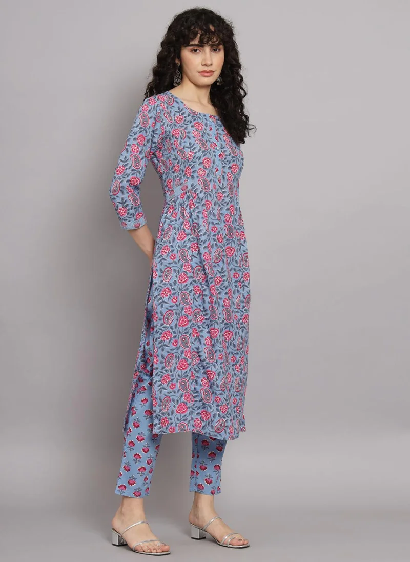 زيري سوق Blue Cotton Paisley Print 3-Piece Kurta Set