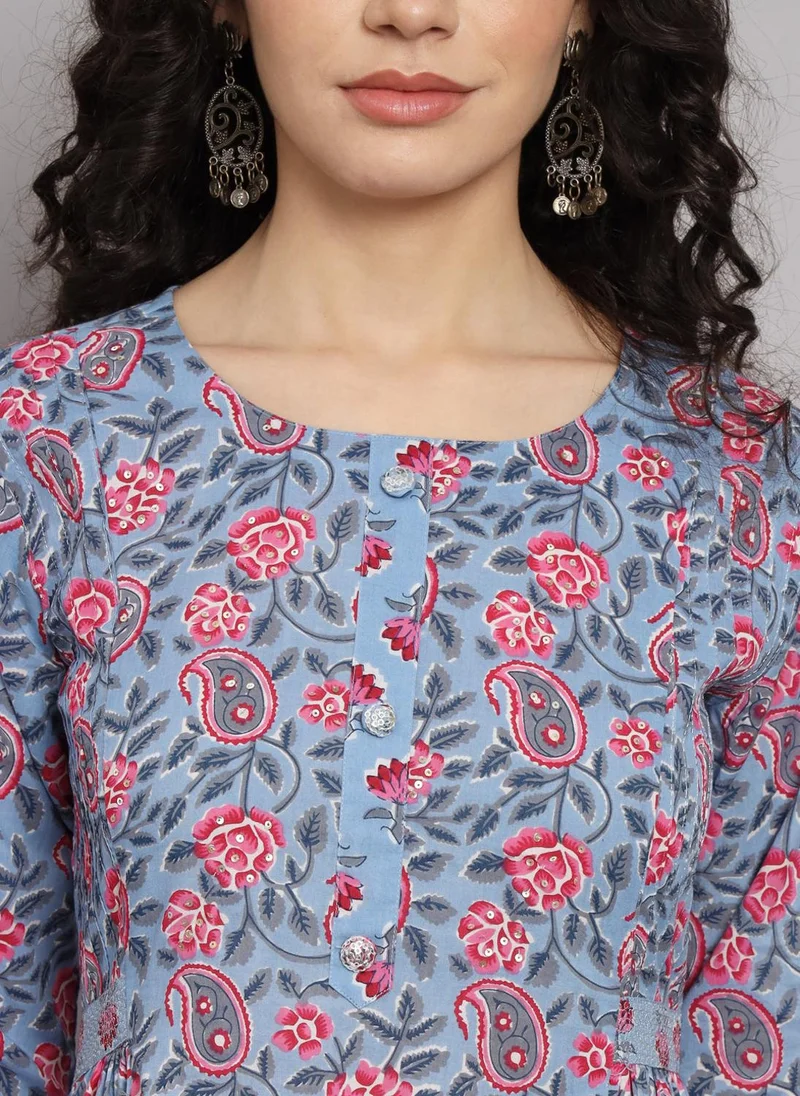 زيري سوق Blue Cotton Paisley Print 3-Piece Kurta Set