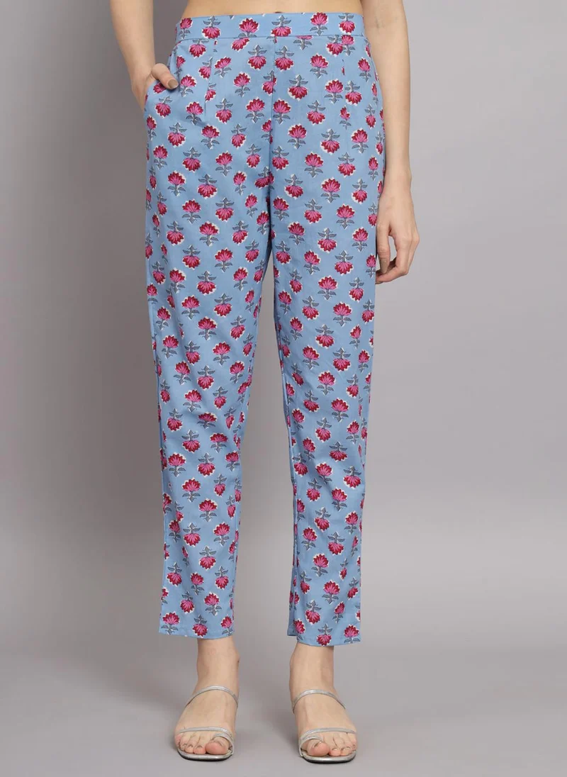 زيري سوق Blue Cotton Paisley Print 3-Piece Kurta Set