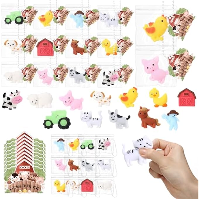 Halloscume 24 Sets Squeeze Mochi Farm Animal Mini Kawaii Farm Animal Stress Relief with Bag and Keychain for Employee Coworker Gifts - Image 1