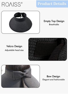roaiss Women's Wide Brim Straw Hat with Bow Decor UV Protection Breathable Foldable Open Top Sun Visor Hat for Beach Vacation Packable Hat Floppy Cap Deep Style Adjustable Size  - Image 4