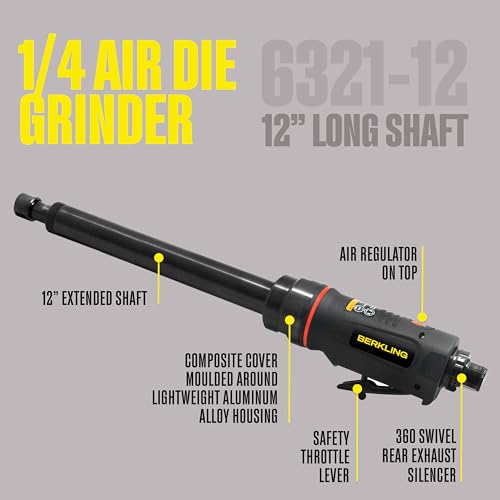 Berkling Tools BT 6321-12 | 12" Extra Long Extension 1/4“ Straight Air Die Grinder, Professional Grade Heavy Duty Variable High Speed (Straight, 12" Extension) - Image 3