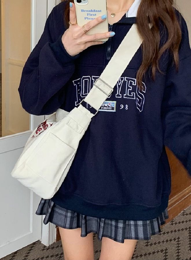 NIBEMINENT Large Capacity Tote Bag Single Shoulder Crossbody Embroidered Multi Pocket Canvas Bag  - Image 5