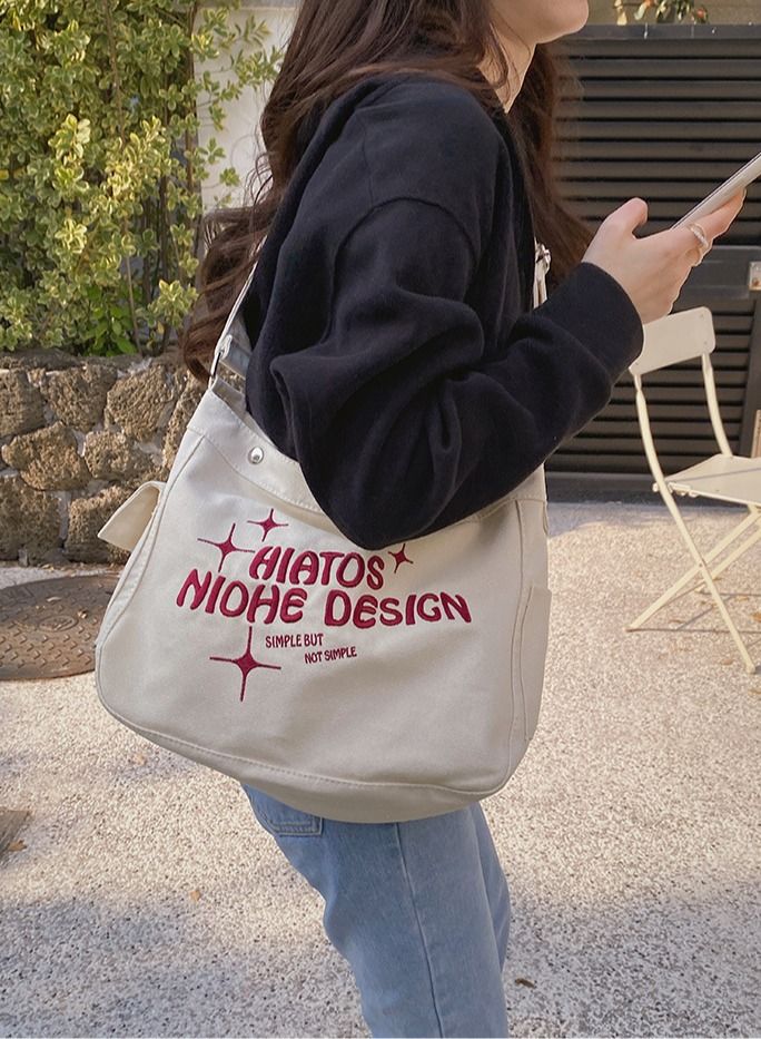 NIBEMINENT Large Capacity Tote Bag Single Shoulder Crossbody Embroidered Multi Pocket Canvas Bag  - Image 1